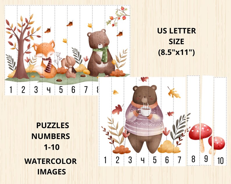 May include: A printable 10-piece puzzle featuring watercolor illustrations of woodland animals. The puzzle pieces are numbered 1-10 and are designed to fit together to create a complete image. The puzzle is printed on US Letter size paper (8.5" x 11").