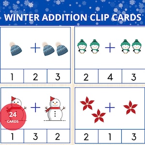 Winter Montessori druckbare Mathe-Aktivität Vorschule, Zusatz-Clip-Karten, ersten Klasse, bildungsdruckbare, Mathe-Zentren, Kindergarten