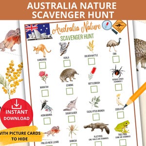 Búsqueda del tesoro en Australia, búsqueda de la naturaleza en Australia, actividad en Australia, búsqueda del tesoro de vida salvaje, fichas de Australia, juego de interior, actividad de viaje