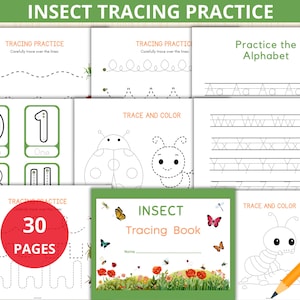 May include: A collection of insect-themed tracing practice pages. The pages include tracing lines, numbers, letters, and insect illustrations. The cover of the book reads "INSECT Tracing Book" with a floral and insect design. The book has 30 pages.