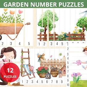 以下が含まれることがあります： 子供向けの12個のガーデンをテーマにした数字パズルセット。パズルには、手押し車、はしご、ガーデンチェア、フェンス、バードハウス、ランタン、ジョウロ、花が描かれています。パズルは1から10まで番号が付けられています。