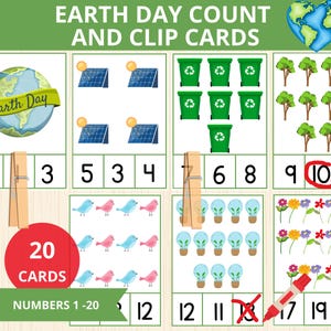Carte da contare e ritagliare per il giorno della Terra, numeri da 1 a 20, carte da contare, schede didattiche per il giorno della Terra, attività primaverili, Montessori sulla natura, attività matematiche per la scuola materna