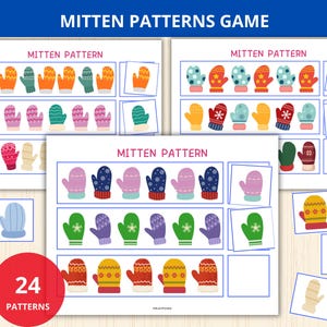 Peut inclure: Un jeu éducatif Mitten Patterns Game composé de trois feuilles imprimables avec des rangées de moufles illustrées colorées. Chaque ligne présente une séquence de moufles aux motifs et couleurs variés, accompagnée de carrés découpés individuels.
