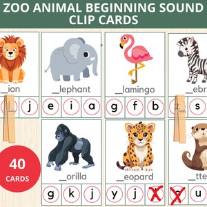 animais do zoológico sons iniciais, zoológico montessori, animais pré-escolar, fonética pré-escolar, som inicial de animais, sons de letras, cartão de animais de safári, selvagem