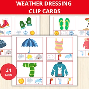Schede con clip per vestirsi in base al meteo, vestirsi in base alla temperatura meteorologica per bambini, attività Montessori, schede didattiche sul meteo, stazione meteorologica, scheda di lavoro sul meteo