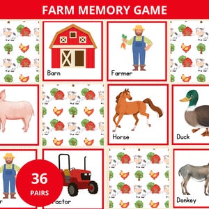 Juego de memoria de la granja, juego de emparejamiento de animales de granja, actividad de emparejamiento de la granja, juego de cartas de memoria, juego de fiesta de la granja, vocabulario de la granja, preescolar Montessori de la granja