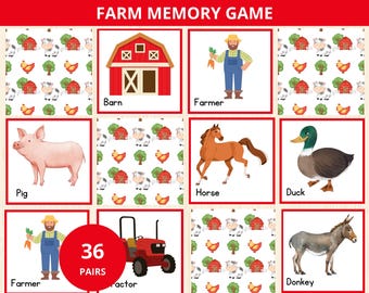 Gioco di memoria sulla fattoria, gioco di memoria sugli animali della fattoria, gioco di abbinamento sulla fattoria, gioco di carte di memoria sugli animali, gioco di società sulla fattoria, vocabolario sulla fattoria, scuola materna sulla fattoria