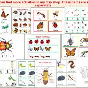 Puede incluir: Colecci&oacute;n de imprimibles educativos con insectos. Incluye tarjetas did&aacute;cticas con nombres de insectos como hormiga y mariposa, adem&aacute;s de actividades de tijeras y matem&aacute;ticas. Las ilustraciones son coloridas y educativas.