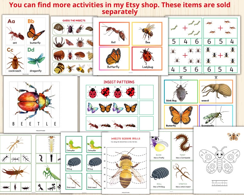 Puede incluir: Colecci&oacute;n de imprimibles educativos con insectos. Incluye tarjetas did&aacute;cticas con nombres de insectos como hormiga y mariposa, adem&aacute;s de actividades de tijeras y matem&aacute;ticas. Las ilustraciones son coloridas y educativas.
