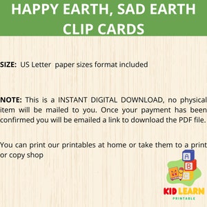 Puede incluir: Cartas de clip imprimibles para ni&ntilde;os con una tierra feliz y una tierra triste. Las cartas est&aacute;n dise&ntilde;adas para ayudar a los ni&ntilde;os a aprender sobre el medio ambiente y c&oacute;mo cuidar nuestro planeta. El texto en la imagen dice "Happy Earth, Sad Earth Clip Cards".