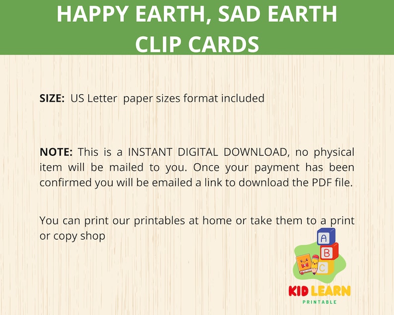 Puede incluir: Cartas de clip imprimibles para ni&ntilde;os con una tierra feliz y una tierra triste. Las cartas est&aacute;n dise&ntilde;adas para ayudar a los ni&ntilde;os a aprender sobre el medio ambiente y c&oacute;mo cuidar nuestro planeta. El texto en la imagen dice "Happy Earth, Sad Earth Clip Cards".