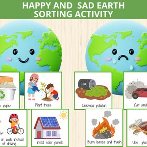 Happy Earth, triste activité de tri de la terre, journée de la terre, école maternelle Montessori, activité de la journée de la Terre, enfants, journée de l'environnement, écologie, activité de tri des déchets