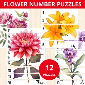 花のパズル、花の数字のシーケンス、春の数字パズル、春の忙しい本、春の花のアクティビティ、春のシーケンスゲーム、自然の数学アクティビティ