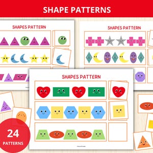 Könnte beinhalten: Drei pädagogische Arbeitsblätter mit der Überschrift SHAPES PATTERN, die Reihen bunter geometrischer Formen mit lächelnden Gesichtern zeigen. Jede Zeile stellt eine sich wiederholende Abfolge von Formen dar, darunter Dreiecke, Kreise, Sterne, Monde, Herzen und Quadrate, mit leeren Feldern zum Vervollständigen der Muster.