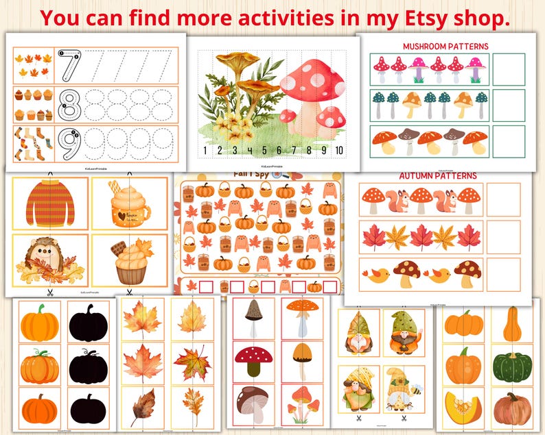 May include: A set of printable autumn-themed educational worksheets for children. The worksheets feature activities such as tracing numbers, matching patterns, and finding hidden objects. The worksheets are illustrated with colourful images of pumpkins, mushrooms, leaves, and squirrels.
