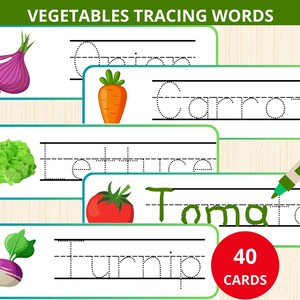 May include: Tracing worksheet for kids featuring 5 colorful vegetables: onion, carrot, lettuce, tomato, and turnip. Each vegetable has a dotted line tracing word for kids to practice writing. The worksheet has a green and white background with the text "VEGETABLES TRACING WORDS" at the top and "40 CARDS" at the bottom.