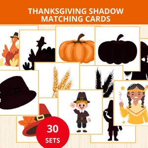 Könnte beinhalten: Thanksgiving-Schattenzuordnungskarten mit Illustrationen von Truthähnen, Kürbissen und Pilgern. Das Set enthält 30 Karten für pädagogische Aktivitäten. Die Karten sind mit einem Schattenzuordnungskonzept gestaltet.