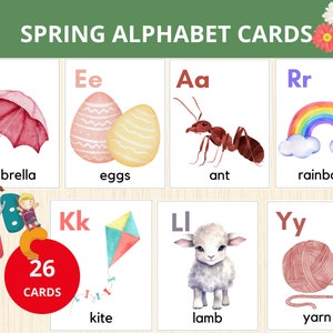 Tarjeta del alfabeto de primavera, tarjetas didácticas del alfabeto, tarjetas didácticas del alfabeto de primavera, paquete de tarjetas de primavera, recurso de aprendizaje temprano, vocabulario de primavera, contenedor de actividades