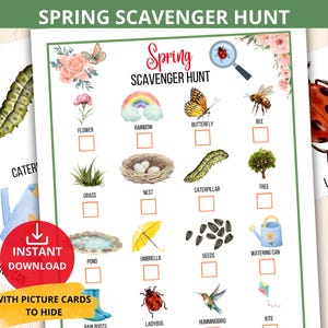 Pode incluir: Uma lista de verificação de caça ao tesouro de primavera imprimível com um design de aquarela colorido. A lista de verificação inclui itens como uma flor, um arco-íris, uma borboleta, uma abelha, grama, um ninho, uma lagarta, uma árvore, uma joaninha, um lago, um guarda-chuva, sementes, um regador, botas de chuva, um beija-flor e uma pipa.