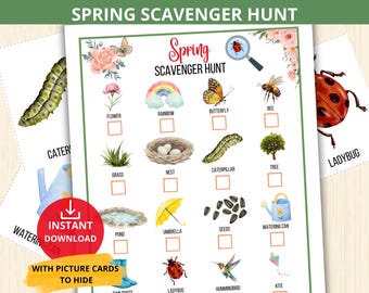 May include: A printable spring scavenger hunt checklist with a colorful watercolor design. The checklist includes items like a flower, rainbow, butterfly, bee, grass, nest, caterpillar, tree, ladybug, pond, umbrella, seeds, watering can, rain boots, hummingbird, and kite.