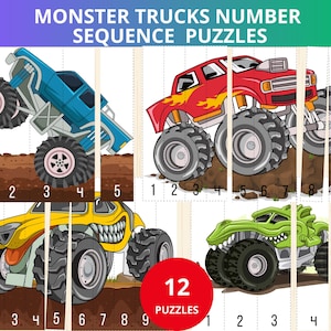 Könnte beinhalten: Ein Set mit 12 Monstertruck-Puzzles für Kinder. Jedes Puzzle besteht aus 10 Teilen, die verschiedene Teile eines Monstertrucks zeigen. Die Trucks sind gelb, grün, blau und rot. Die Puzzles sind von 1 bis 10 nummeriert.