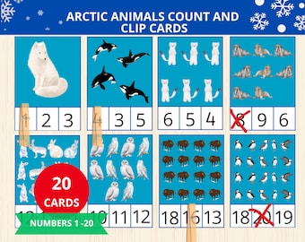 Arctic animals count and clip cards,Polar Animals cards,Winter preschool,Winter counting activity,polar animals montessori,winter flashcards