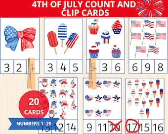 Tarjetas de conteo y recorte del 4 de julio, números del 1 al 20, tarjetas del 4 de julio, tarjetas de conteo, actividades de conteo, tarjetas de matemáticas, preescolar, actividad del 4 de julio