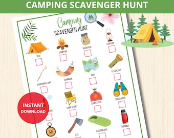 Camping Scavenger Hunt,Camping Treasure Hunt,Indoor Outdoor scavenger,Summer camp game,family camping game,for kids,nature scavenger,game