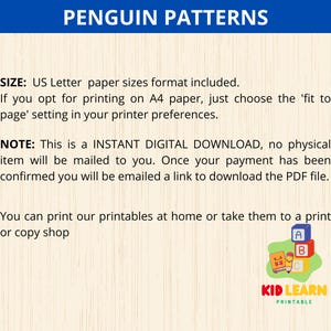 May include: A printable worksheet for kids featuring penguin patterns. The worksheet is titled "Penguin Patterns" and includes the text "KID LEARN PRINTABLE".