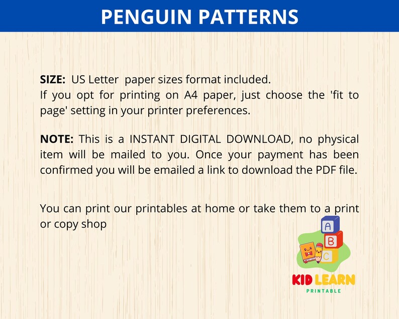May include: A printable worksheet for kids featuring penguin patterns. The worksheet is titled "Penguin Patterns" and includes the text "KID LEARN PRINTABLE".