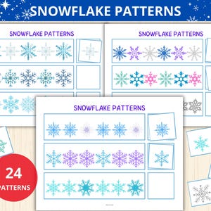 May include: A collection of snowflake pattern designs in various colors, including blue, purple, and pink. The image features multiple sheets with different snowflake arrangements and the text "SNOWFLAKE PATTERNS". A red circle displays "24 PATTERNS".