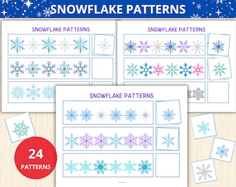 May include: A collection of snowflake pattern designs in various colors, including blue, purple, and pink. The image features multiple sheets with different snowflake arrangements and the text "SNOWFLAKE PATTERNS". A red circle displays "24 PATTERNS".