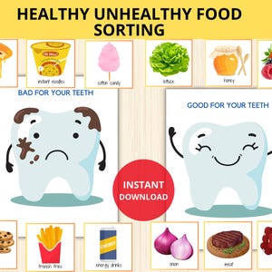 Healthy or Unhealthy Food Sorting Game,nutrition food kindergarten,Nutrition Sorting,health food,Sad and Happy Tooth,Dental Health Print