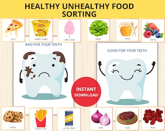 Healthy or Unhealthy Food Sorting Game,nutrition food kindergarten,Nutrition Sorting,health food,Sad and Happy Tooth,Dental Health Print