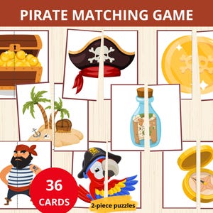Pode incluir: Um jogo de correspondência com tema de pirata com 36 cartas, apresentando ilustrações de um baú de tesouro, chapéu de pirata, moeda de ouro, ilha, garrafa com uma mensagem, bússola, papagaio e um pirata. O jogo inclui quebra-cabeças de 2 peças.