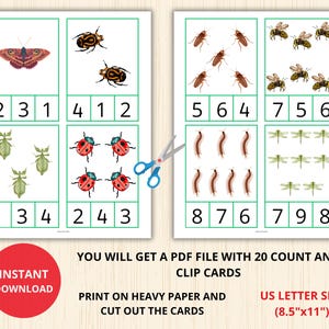 Insects Count and Clip Cards 1-20
Introduce your little one to the world of insects with our 'Insect Count and Clip Cards Preschool' digital product! Featuring adorable insect illustrations, this resource is designed to help preschoolers practice counting skills while having fun.
Download now for an educational and enjoyable activity!