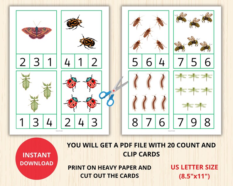 Insects Count and Clip Cards 1-20
Introduce your little one to the world of insects with our 'Insect Count and Clip Cards Preschool' digital product! Featuring adorable insect illustrations, this resource is designed to help preschoolers practice counting skills while having fun.
Download now for an educational and enjoyable activity!