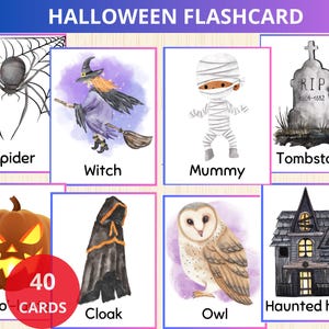 Tarjetas didácticas de Halloween, educación preescolar en casa sobre Halloween, estudio de unidad sobre Halloween, alfabeto de Halloween, vocabulario de Halloween, tarjetas de nomenclatura, preescolar