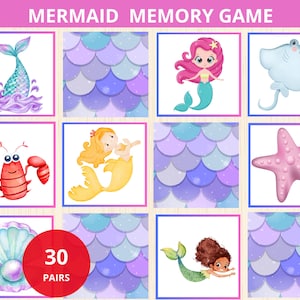 Meerjungfrau-Memory-Spiel, Meerjungfrau-Party-Spiel, Meerjungfrau-Geburtstags-Party-Aktivität, Kinder Memory-Spiel, Pyjama-Party Spiele, Memory-Spiel für Mädchen