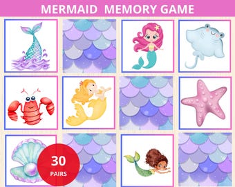 Juego de memoria de sirena, juego de fiesta de la Sirenita, actividad de fiesta de cumpleaños de sirena, juegos de combinación para niños, juegos de fiesta de pijamas, juego de memoria para niñas