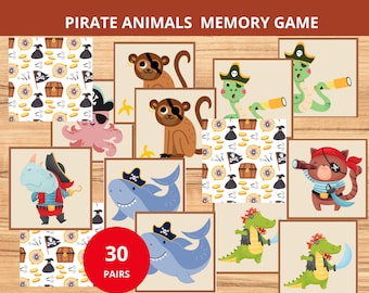 pirate memory game,animal matching game,pirate Party game,sleepover birthday,pirate birthday game,pirate animals game,matching pairs prek