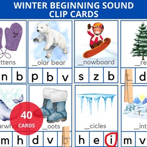 Schede con clip sonore per l'inizio dell'inverno, suoni iniziali invernali, schede di fonetica invernale, vocabolario invernale, Montessori invernale, alfabeto invernale, maiuscolo