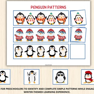 May include: A printable worksheet with penguin patterns for preschoolers. The worksheet features multiple rows of penguins with different colored hats and scarves. The penguins are wearing red, blue, and green hats and scarves. The worksheet also includes a section for children to complete the patterns.
