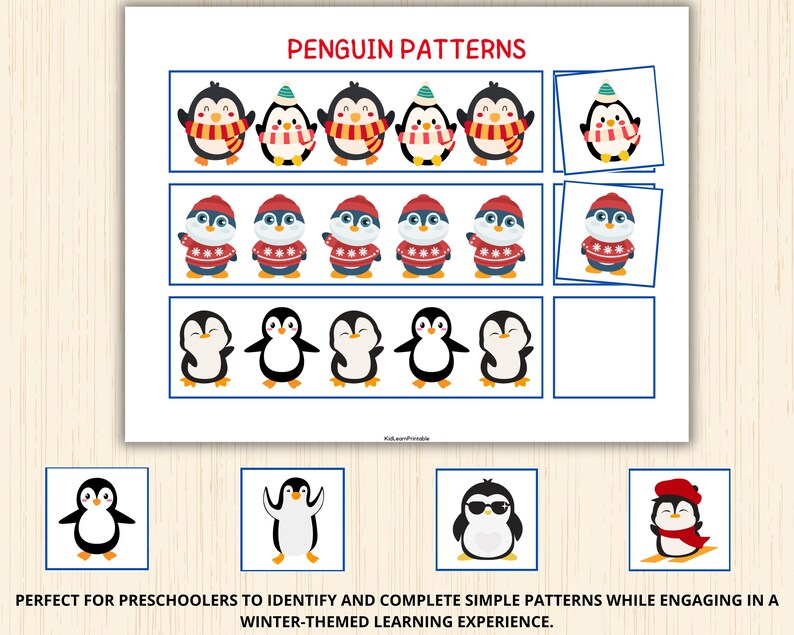 May include: A printable worksheet with penguin patterns for preschoolers. The worksheet features multiple rows of penguins with different colored hats and scarves. The penguins are wearing red, blue, and green hats and scarves. The worksheet also includes a section for children to complete the patterns.