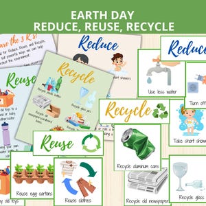 Puede incluir: Un conjunto de carteles educativos sobre el Día de la Tierra y las 3 R: Reducir, Reutilizar y Reciclar. Los carteles presentan ilustraciones y texto para promover la conservación del medio ambiente, incluido el reciclaje y la reutilización.
