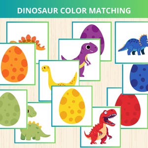 May include: A collection of colorful dinosaur-themed color matching cards. The cards feature illustrations of dinosaurs and eggs in various colors, including orange, green, yellow, purple, blue, and red. The text "DINOSAUR COLOR MATCHING" is at the top.