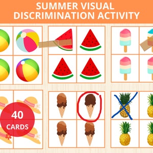 zomer visuele discriminatie, zomer clipkaart, kleuterschool, vind het verschillende object kleuterschool, voorschoolse leerbinder, zomer zintuiglijke bak