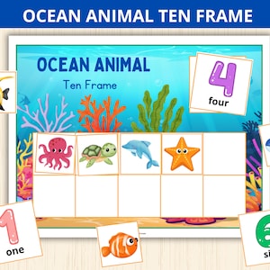 Puede incluir: Un marco de diez cuadros colorido con animales marinos. El marco tiene diez cuadros, y cuatro cuadros están llenos de imágenes de un pulpo, una tortuga, un delfín y una estrella de mar. También hay tarjetas de números para uno, cuatro y seis.