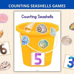 Pode incluir: Um jogo educativo colorido intitulado "Counting Seashells Games". A imagem apresenta um balde amarelo cheio de ilustrações de conchas, acompanhado de cartões numéricos. O texto "Counting Seashells" é exibido de forma proeminente.