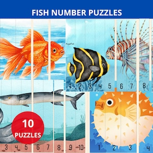 May include: Fish number puzzles featuring watercolor illustrations of various fish, including a goldfish, angel fish, lionfish, eel, and pufferfish. Each puzzle is divided into numbered sections, with the text "FISH NUMBER PUZZLES" at the top and "10 PUZZLES" in a red circle.